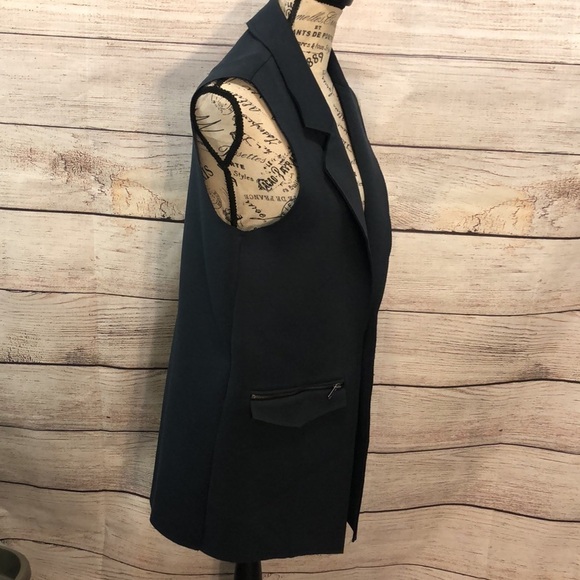Topshop Long Vest Open Zippered Pockets Raw Edge Size 6 Navy Notch Lapel - Picture 4 of 11